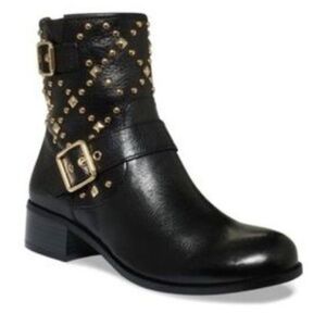 Like New Leather Gold Studded Black Ankle Boots. Size 6.5